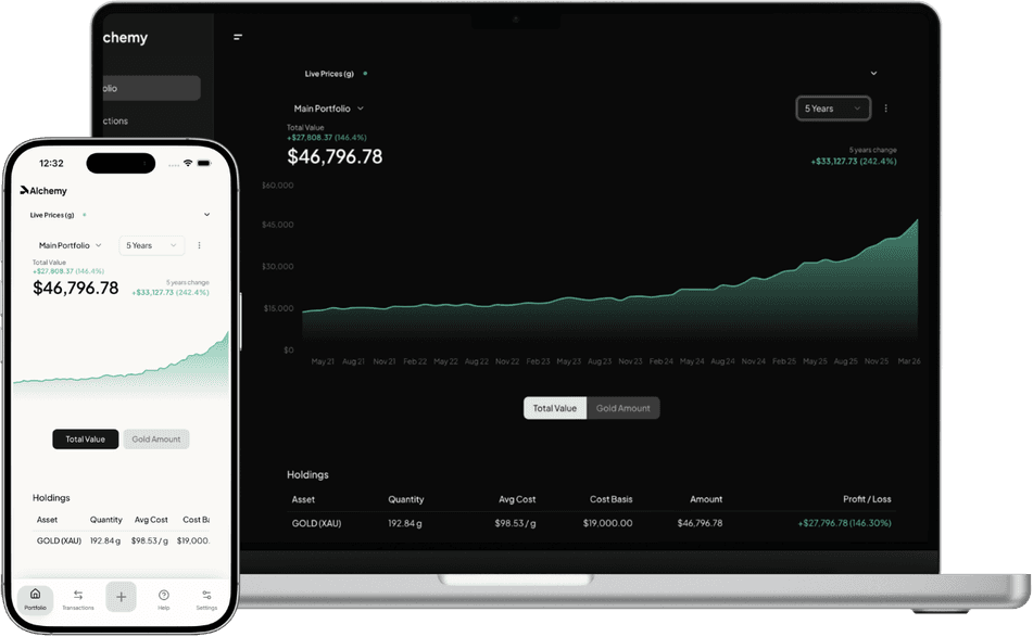 Preview of the Alchemy portfolio manager on desktop and mobile